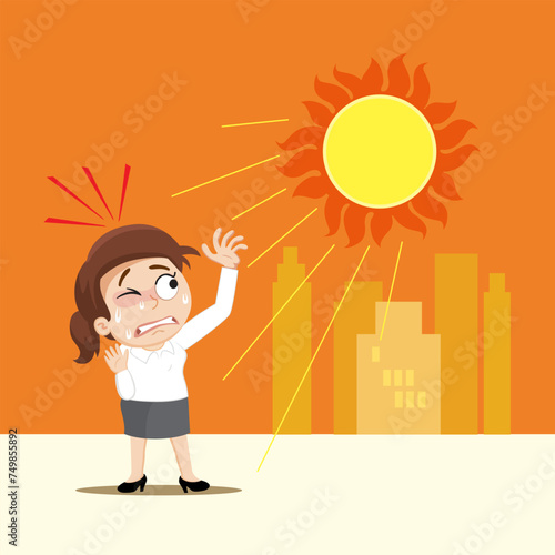 Hand drawn a employee woman standing under sun light on a hot day. Angry sun Stock, 
Unhealthy heat, Heat Wave concept. Flat, Poster, Vector, Illustration, Cartoon, EPS10.  