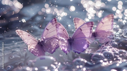 a group of purple butterflies floating on top of a body of water with bubbles on the bottom of the water. © Olga
