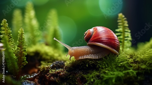Close-up, Macro photo of a snail with a maroon shell on the surface of green moss in the Forest. Summer, Animals, Wildlife concepts.