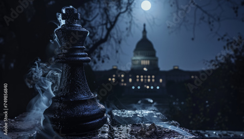 An old statue of a queen chess piece against the background of the Capitol. 