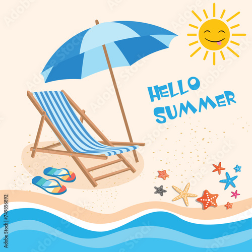 Beach chair on sand with waves and sun. Starfish in different shapes and colors. Colorful flip flops on sand. Smiling sun on beach with sand and waves. Flat vector in cartoon style isolated on white.