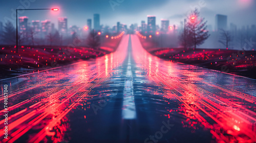 Urban Night Road, City Street with Car Lights and Blue Asphalt in the Rainy Evening © NURA ALAM