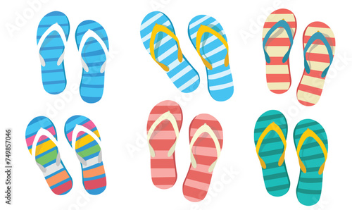 Flip flops flat vector set. Colorful flip flops illustration in cartoon style. Hello summer concept. Summer vacation item. Summer accessories.