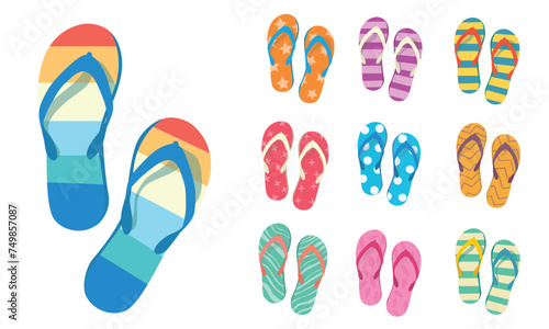 Flip flops flat vector set. Colorful flip flops illustration in cartoon style. Hello summer concept. Summer vacation item. Summer accessories.