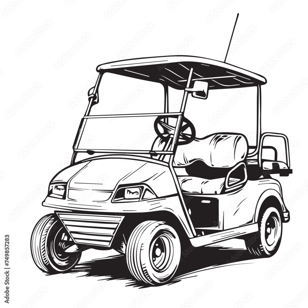 Golf cart in cartoon, doodle style . Image for t-shirt, web, mobile apps and ui. Isolated 2d vector illustration in logo, icon, sketch style, Eps 10, black and white. AI Generative