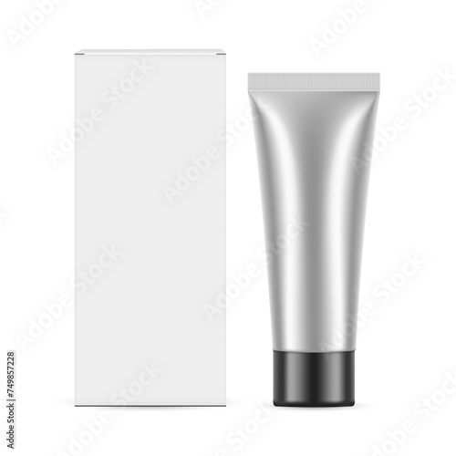 Glossy Metallic Cosmetic Tube Mockup With Paper Box, Front View, Isolated On White Background. Vector Illustration