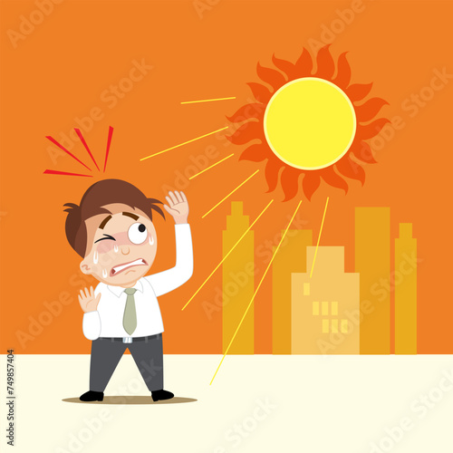 Hand drawn a employee man standing under sun light on a hot day. 
Angry sun Stock, Unhealthy heat, Heat Wave concept. Flat, Poster, Vector, Illustration, Cartoon, EPS10. 