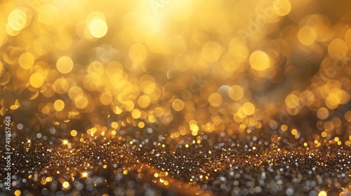 Elegant gold Christmas lights create a shimmering background with a yellow-beige bokeh.