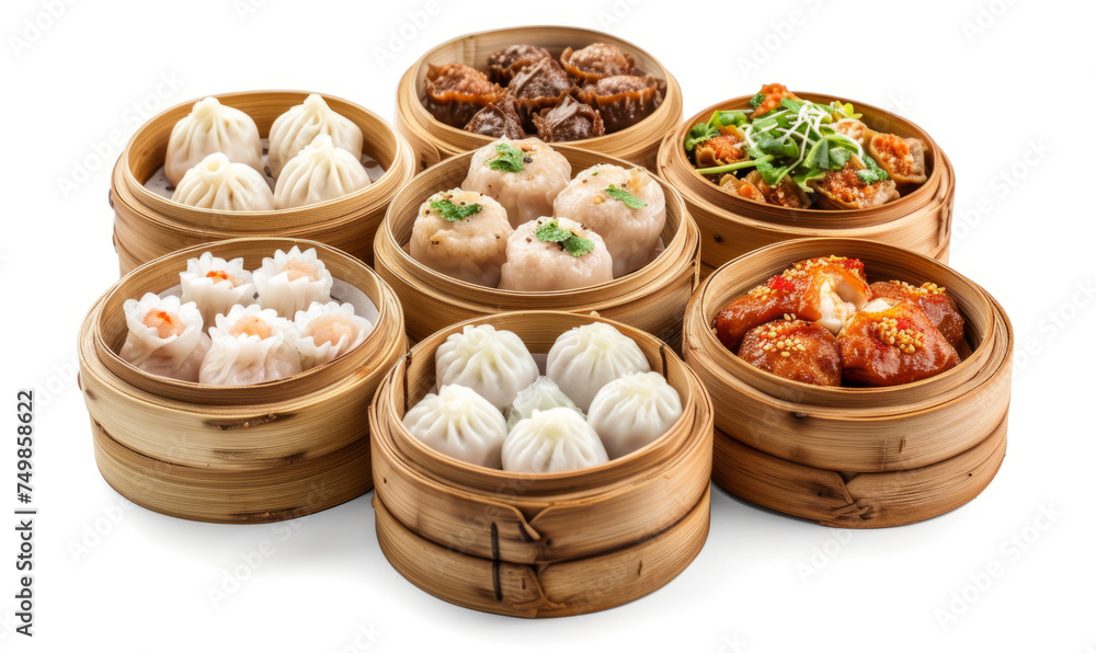 Fototapeta premium An array of dim sum served in bamboo steamers, including a variety of dumplings, buns, and savory bites, showcasing the diverse and flavorful offerings of traditional Chinese cuisine