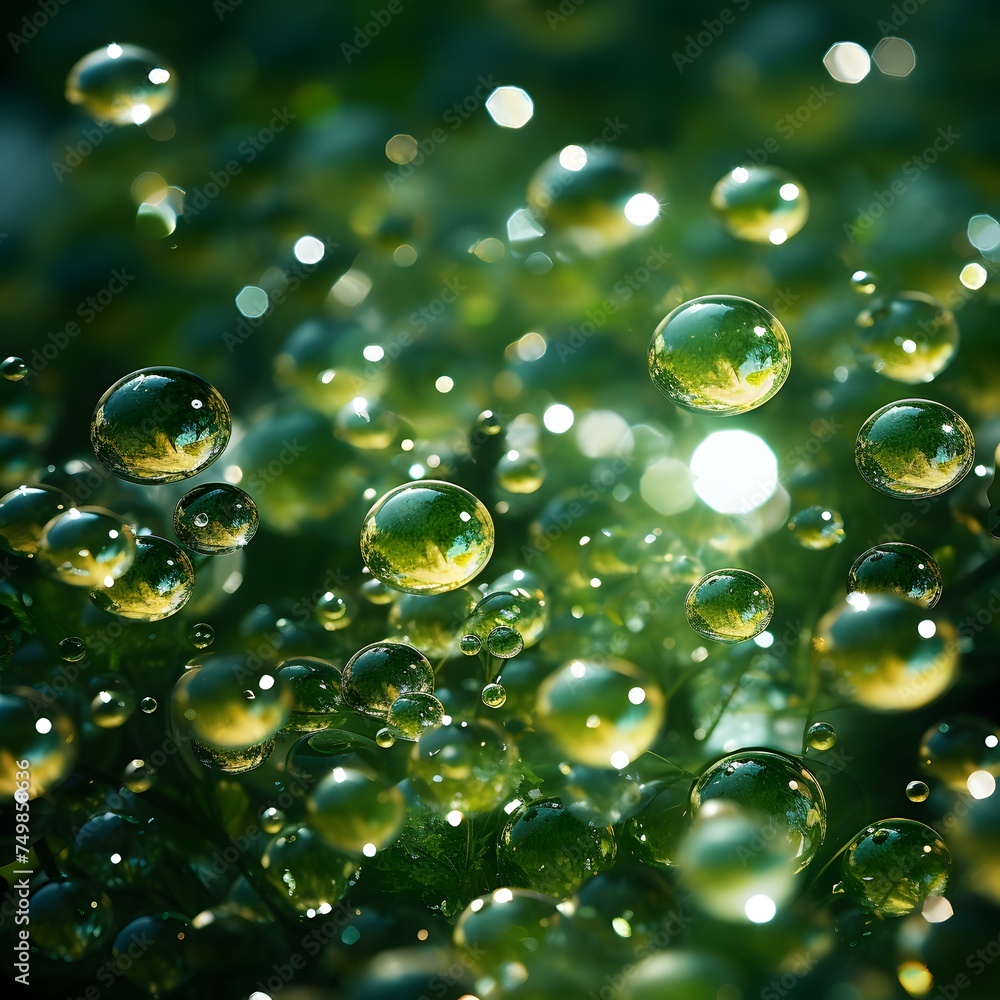 featuring an array of shiny bubbles in shades of green and gold