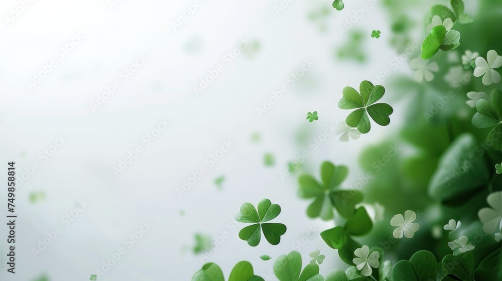 Fototapeta premium St. Patrick's Day card. Playful clovers on white, inviting festivities with space for messages.