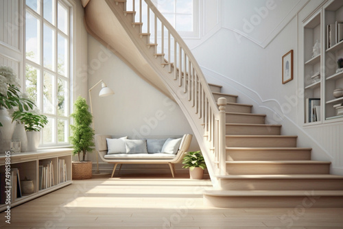 A breath of fresh air infuses a Scandinavian staircase, bathed in the gentle glow of natural light, inviting moments of quiet reflection.