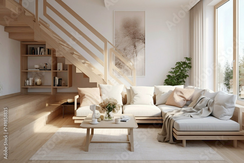 Beige staircase complementing the Scandinavian interior  leading to a window alcove with comfortable seating  overlooking a living room with sofas and a wooden table.