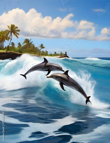 Playful dolphins jumping over breaking waves. Hawaii Pacific Ocean wildlife scenery. Marine animals in natural habitat. Generative AI © Mirza