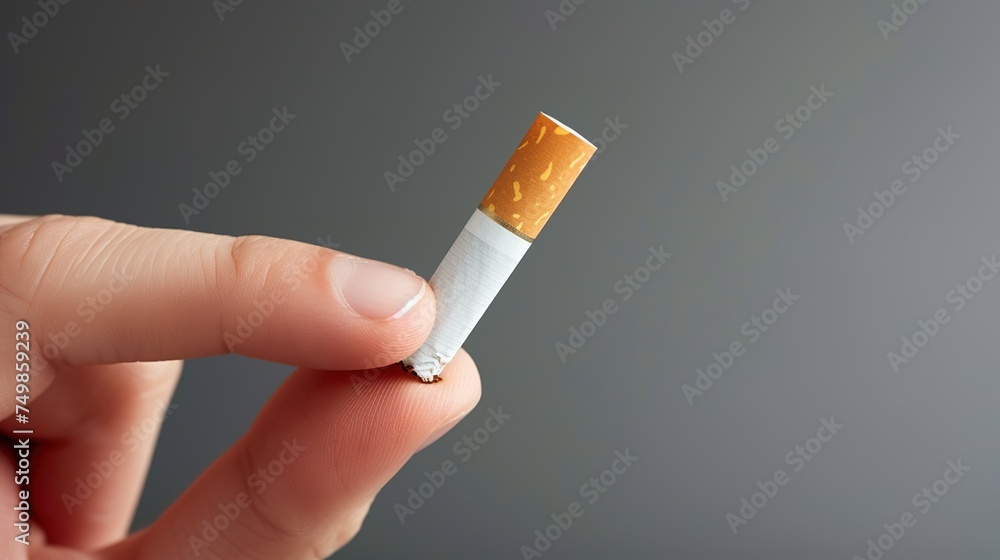 Hand refuses to accept a cigarette offer in close-up against a gray background. - obrazy, fototapety, plakaty 
