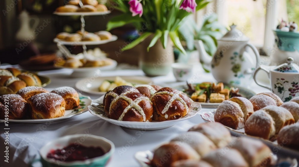Inviting Easter Brunch Spread - Plates of hot cross buns served with clotted cream and jam, accentuating the richness of the baked goods.