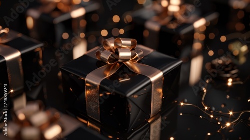Golden Ribbon Black Gift Boxes - Black gift boxes tied with shimmering gold ribbon.
