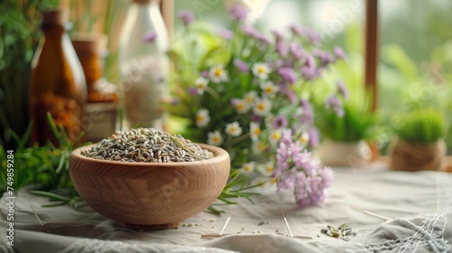 A wooden bowl full of lavender seeds is set against a backdrop of fresh blooms and greenery, invoking a natural, aromatic ambiance.