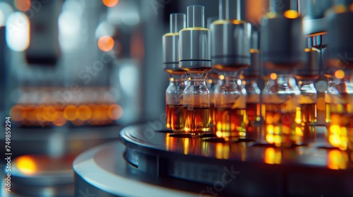 Automated liquid handling system in a high-throughput screening process with vials of samples illuminated by warm laboratory lights. © Rattanathip