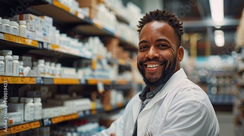 An engaging male pharmacist with a friendly smile provides expert service in a pharmacy full of medical supplies. photo