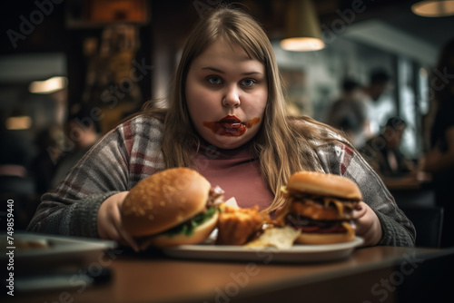 Fat girl eating hamburger in fast food restaurant. A girl with an obese body sits at table with bunch of hamburgers and fast food. Overweight girl eating burger. Obesity  weight problems and diabetes