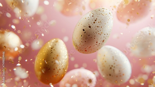 Delicate Easter eggs in luxurious gold and subtle pink tones suspended in mid-air, presenting a soothing and imaginative Easter layout.