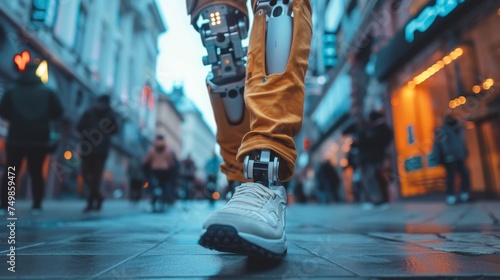The advanced prosthetic leg of an individual in motion on an urban street, highlighting modern prosthetic technology.