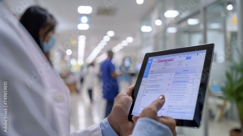 A medical professional is focused on a tablet displaying patient information, in a busy hospital corridor blurred in the background. photo