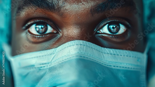 The compelling eyes of a healthcare professional peer out over a protective surgical mask in a high-resolution close-up. © Rattanathip