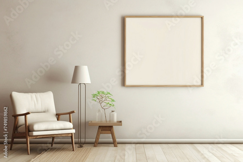 Warm and inviting beige-themed interior with a single chair, wooden elements, and an empty frame for copy text.
