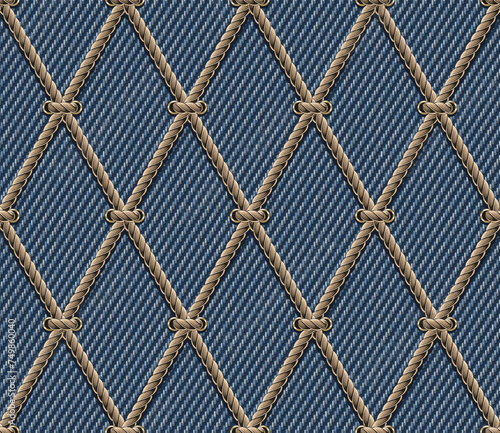 Seamless grid pattern with nautical rope and lacing on blue denim texture. Classic rhombus grid. Vintage style. Not AI