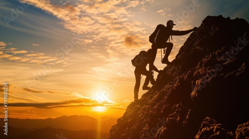 Silhouettes climbing mountain. Mutual assistance on rugged terrain under majestic sunrise, embodying teamwork.