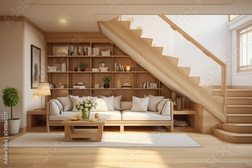 Interior design with a beige staircase leading to a window nook  offering a cozy spot to relax  overlooking a living room with sofas and a wooden table.