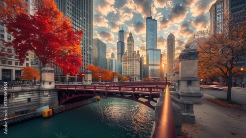 Michigan Avenue Bridge and Magnificent Mile in Chicago, IL, USA