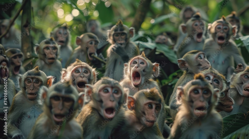 Drunken monkeys revel in the jungle. Whimsical and lively scene. Drunken monkeys revel in the jungle. Whimsical and lively scene.