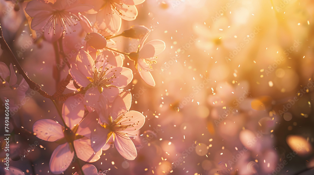 Backlit Cherry Blossoms with Floating Petals and Sunlight Bokeh