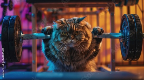 Humorous portrayal of feline fitness, a rotund cat sweats profusely as it attempts to lift weights in a brightly lit gym