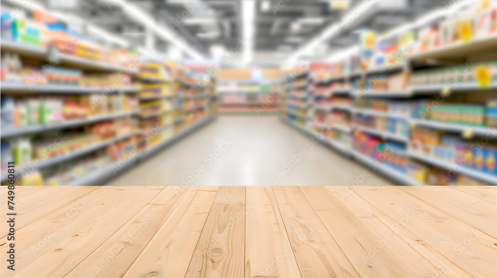 Empty Wooden Podium Set Against Supermarket Shelves, Bathed in Natural Light