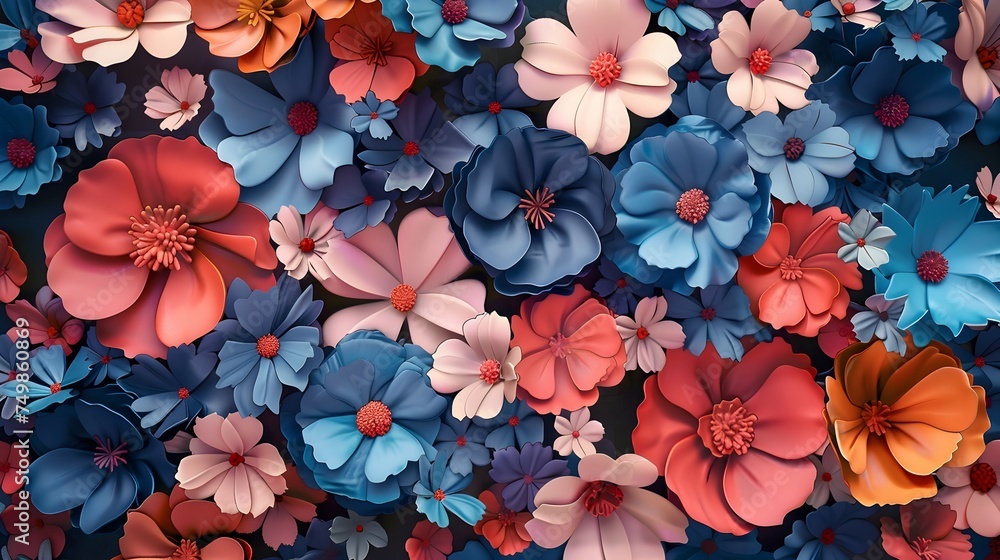 Colorful Paper Flowers Wall Art with Blue and Red Tones