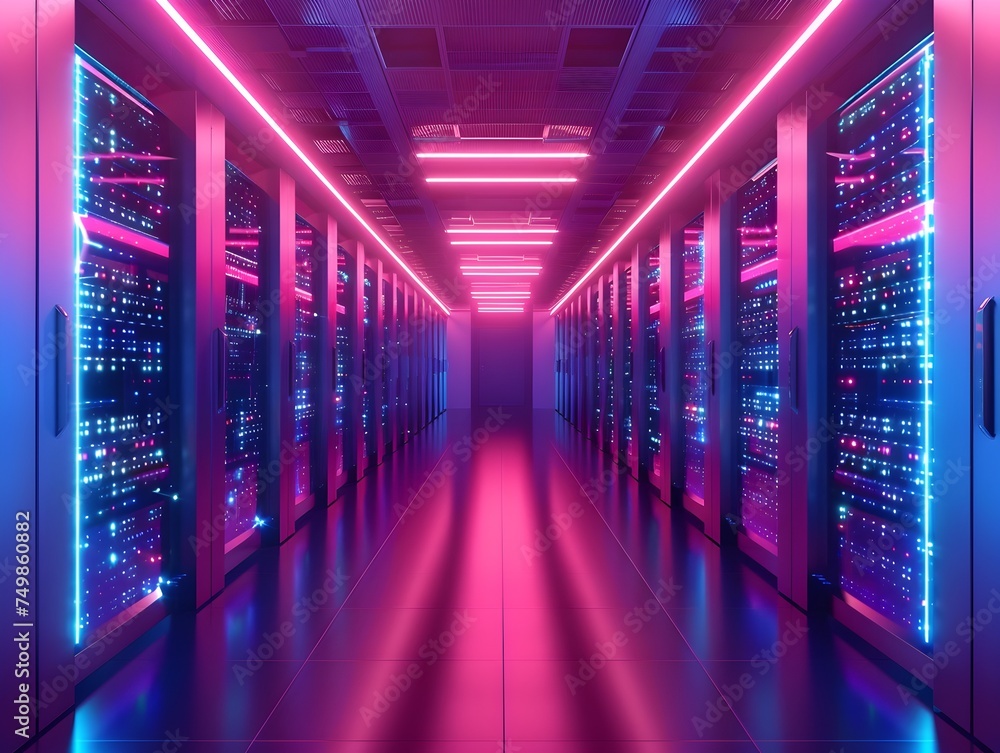 Data Center Interior with Neon Lights