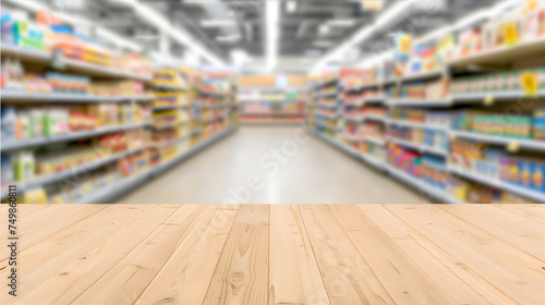 Empty Wooden Podium Set Against Supermarket Shelves  Bathed in Natural Light