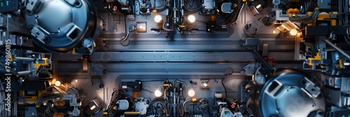 an aerial view of a machine room, in the style of realistic lighting, packed with hidden details, robotic motify photo