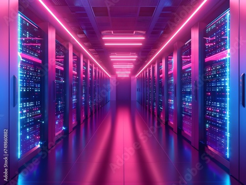 Data Center Interior with Neon Lights