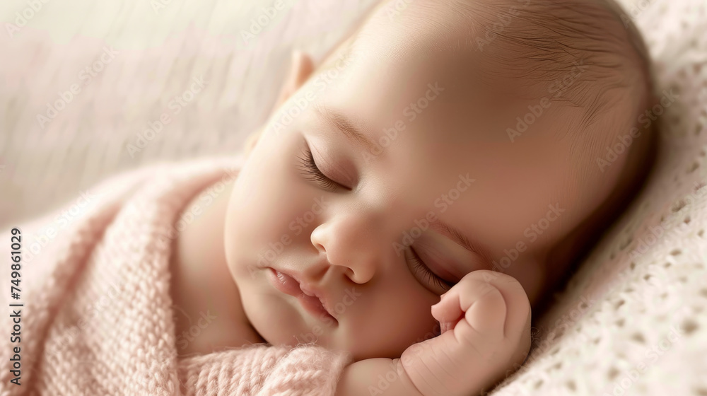 Sleeping Newborn Wrapped in a Soft Pink Blanket on a Textured White Surface Sleeping Newborn Wrapped in a Soft Pink Blanket on a Textured White Surface