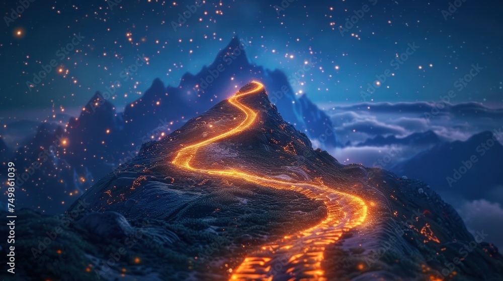 Journey to Success: A winding path leads to a mountain peak adorned with a victory flag against a starry sky. Lined with glowing motivational quotes and symbols. Digital art style. - obrazy, fototapety, plakaty 