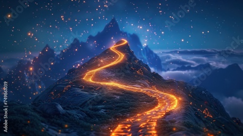 Journey to Success: A winding path leads to a mountain peak adorned with a victory flag against a starry sky. Lined with glowing motivational quotes and symbols. Digital art style. photo