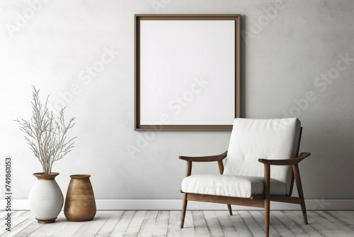 Tranquil living space featuring a single chair, a touch of nature, and an empty frame for your expressive text.