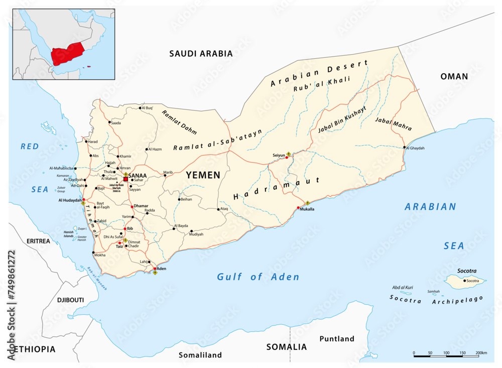 Detailed vector road map of the Middle Eastern state of Yemen - obrazy, fototapety, plakaty 