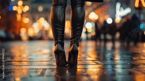 A woman in black leather high heels stands on a wet city street at night, surrounded by glowing city lights.