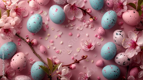 Copy space on top of Easter background with Easter eggs and spring flowers.